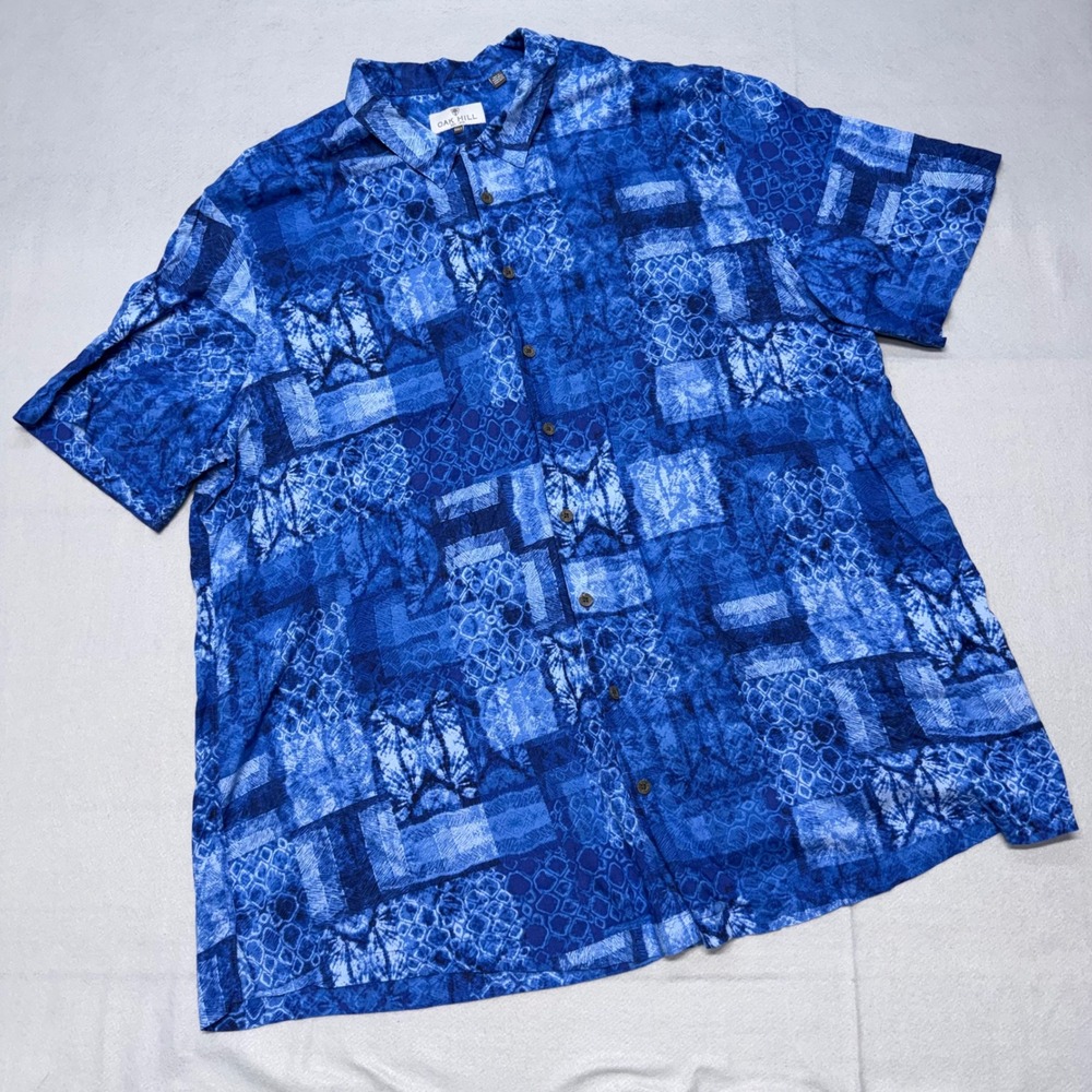 Oak Hill Mens 3XLT Blue Abstract Patchwork Rayon Short Sleeve Button Down Shirt